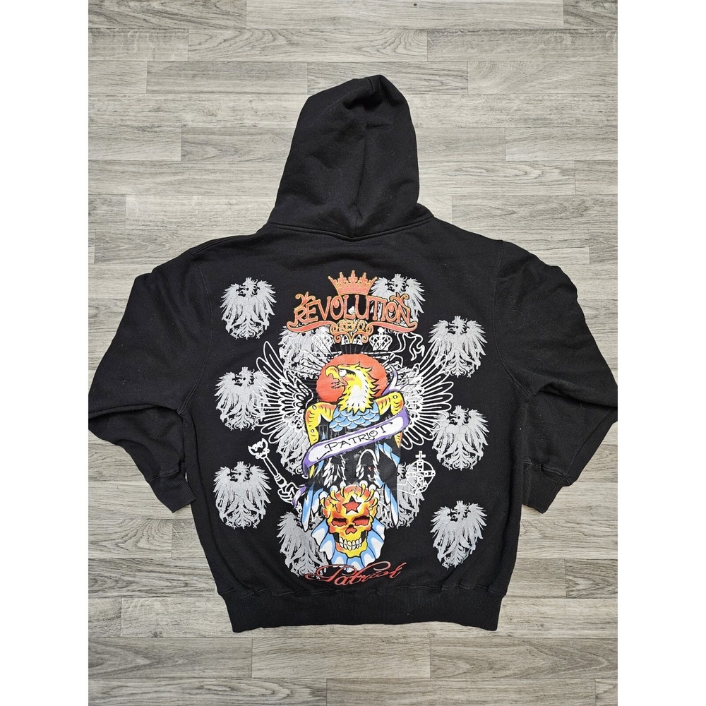 Ed Hardy Style Full Zip Black Hoodie Eagle Skull Design Size M Fits Large Y2K